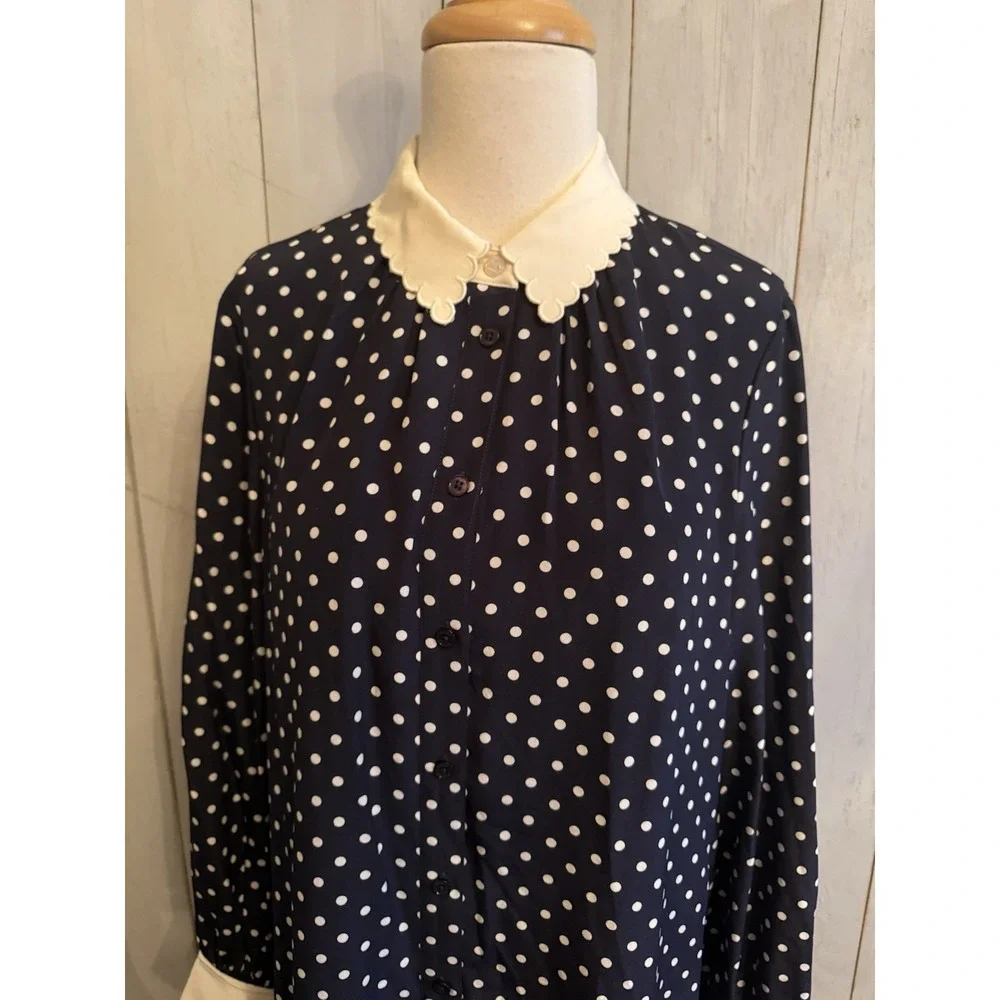 Tory Burch Cora Silk Dress 6 Button Up Preppy Classic Navy Polka Dot‎ New $498